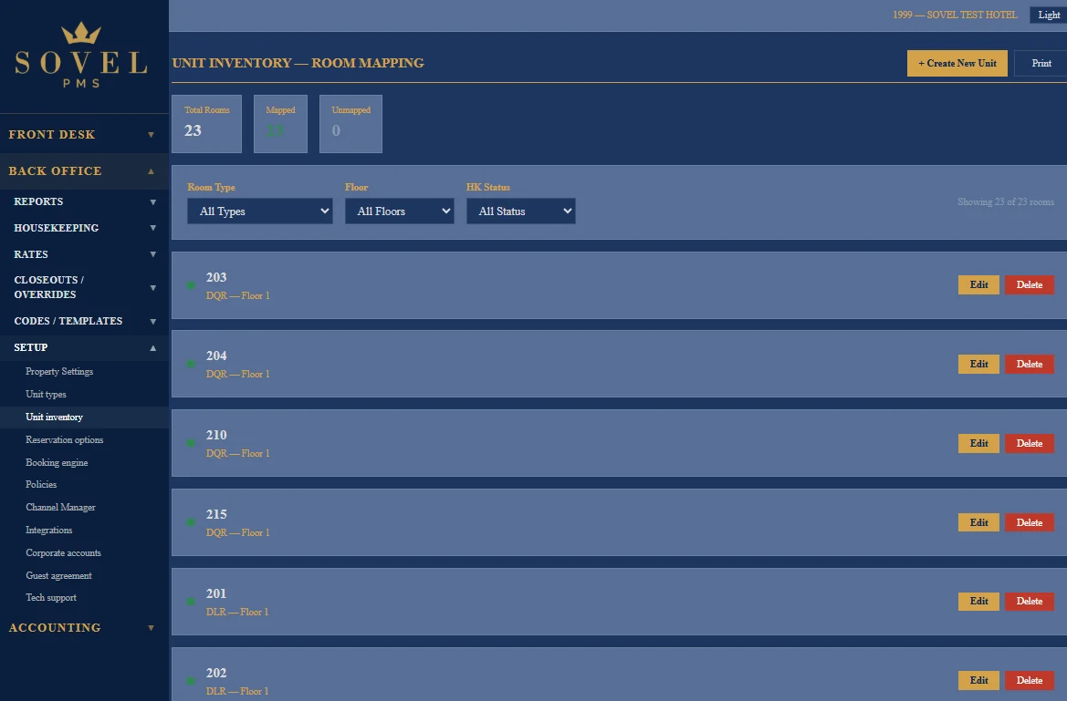 SOVEL PMS unit inventory and room mapping interface
