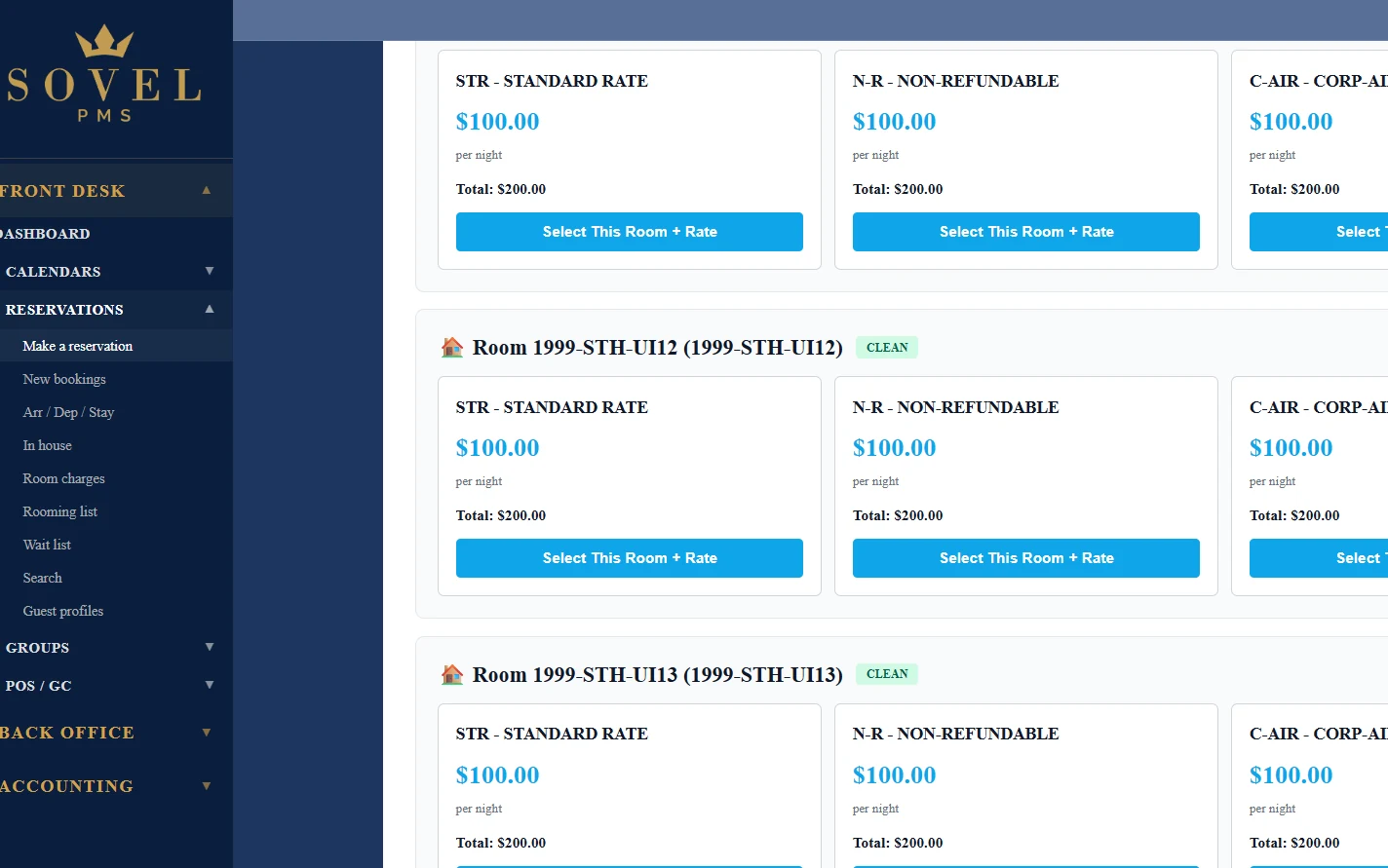 SOVEL PMS reservation and room rate selection interface